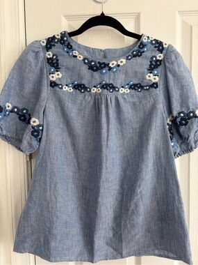 Boden Light Blue Embroidered Floral Chambray Top